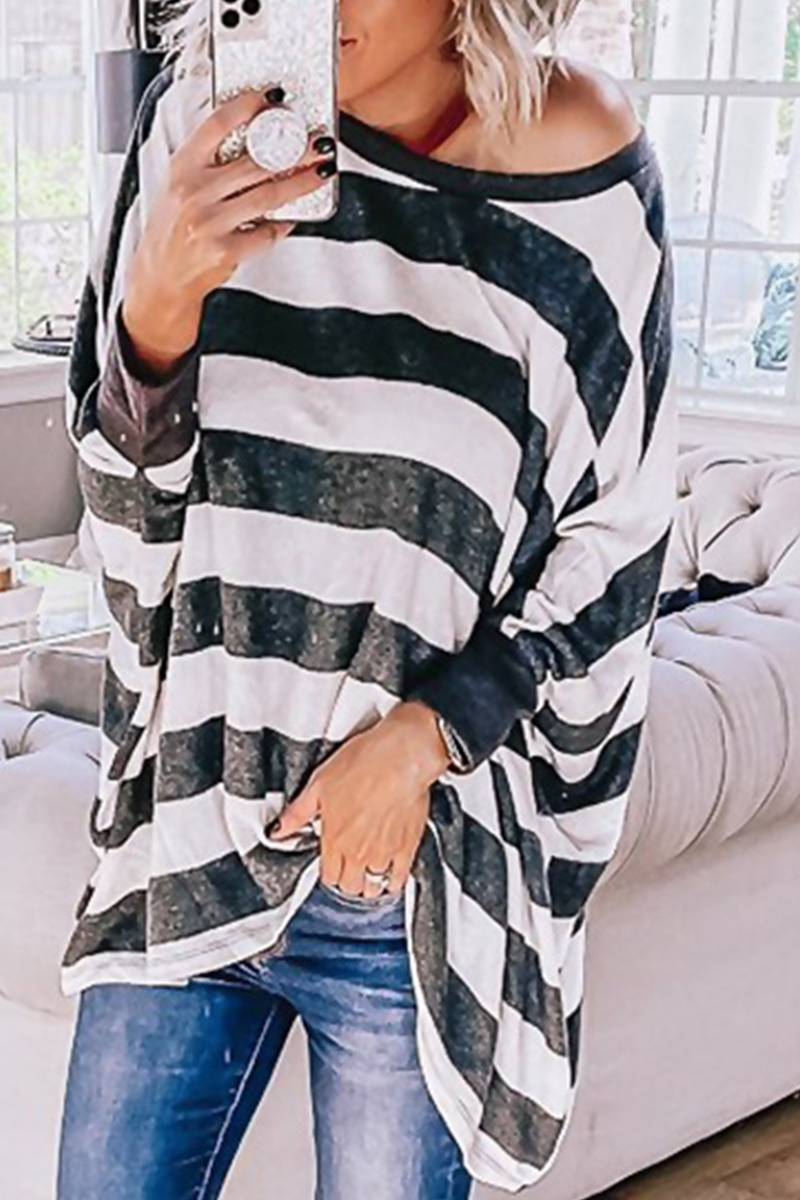 Casual Striped Split Joint O Neck Tops(3 Colors)