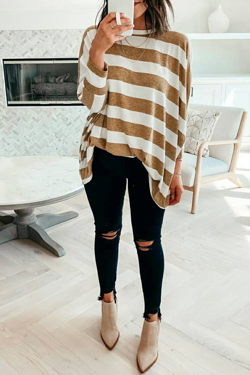 Casual Striped Split Joint O Neck Tops(3 Colors)