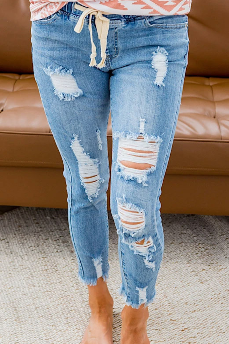 Casual Solid Ripped Mid Waist Skinny Denim Jeans