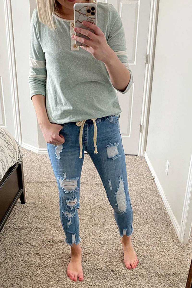 Casual Solid Ripped Mid Waist Skinny Denim Jeans