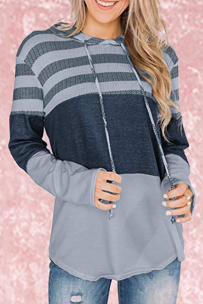 Casual Striped Split Joint Hooded Collar Tops(4 Colors)