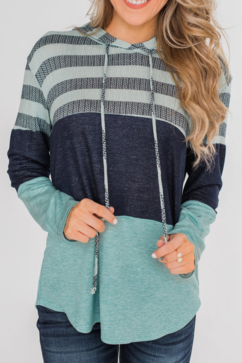 Casual Striped Split Joint Hooded Collar Tops(4 Colors)