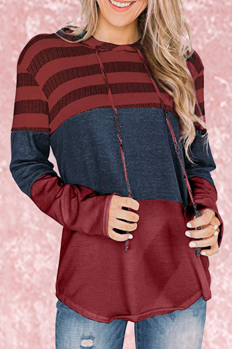 Casual Striped Split Joint Hooded Collar Tops(5 Colors)