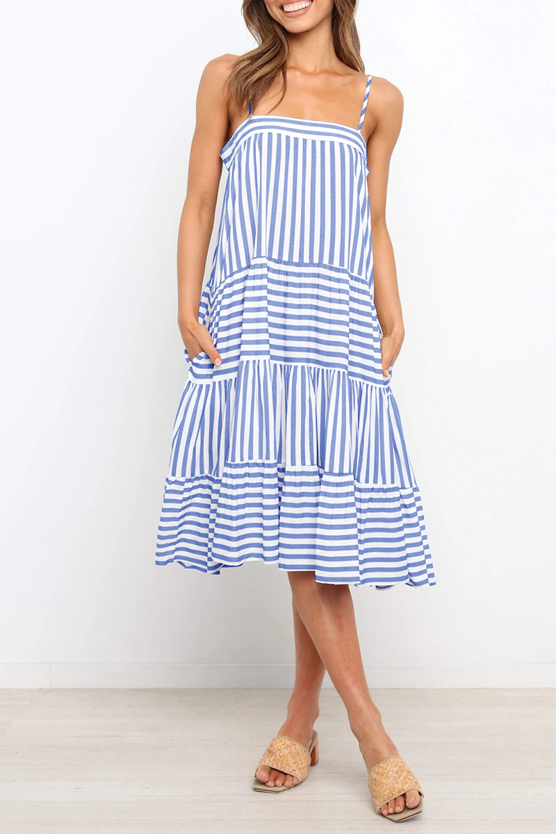 Casual Striped Spaghetti Strap Cake Skirt Dresses(4 Colors)