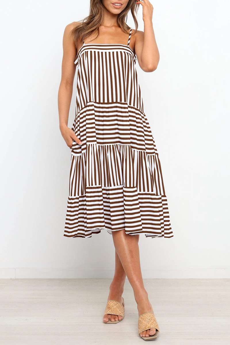 Casual Striped Spaghetti Strap Cake Skirt Dresses(4 Colors)