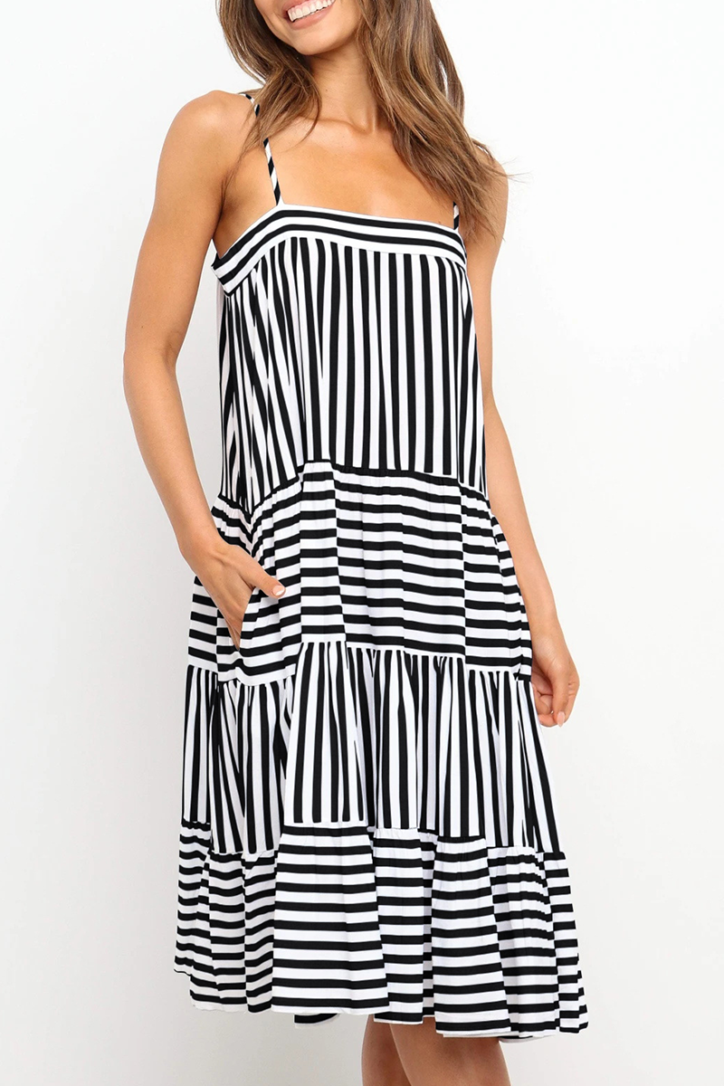 Casual Striped Spaghetti Strap Cake Skirt Dresses(4 Colors)