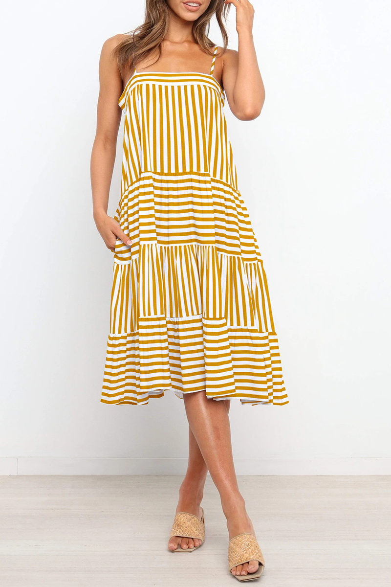 Casual Striped Spaghetti Strap Cake Skirt Dresses(4 Colors)