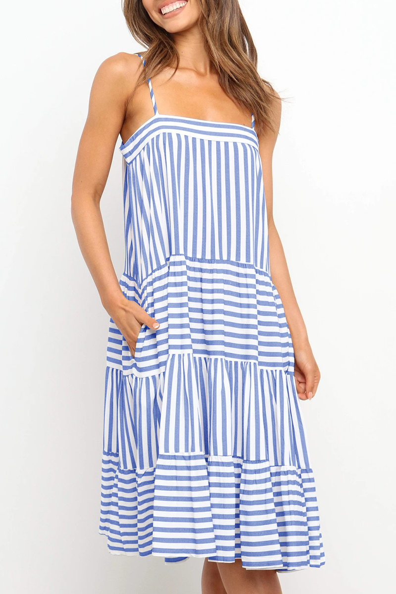 Casual Striped Spaghetti Strap Cake Skirt Dresses(4 Colors)