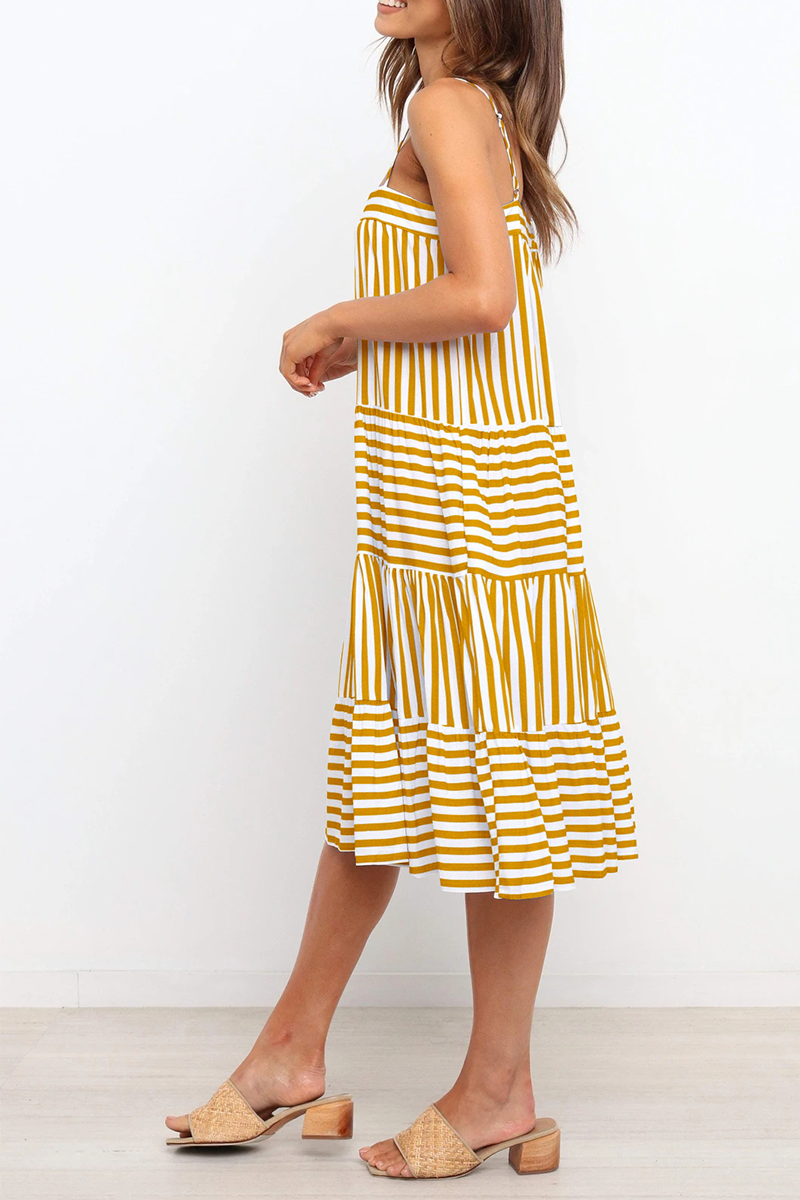 Casual Striped Spaghetti Strap Cake Skirt Dresses(4 Colors)