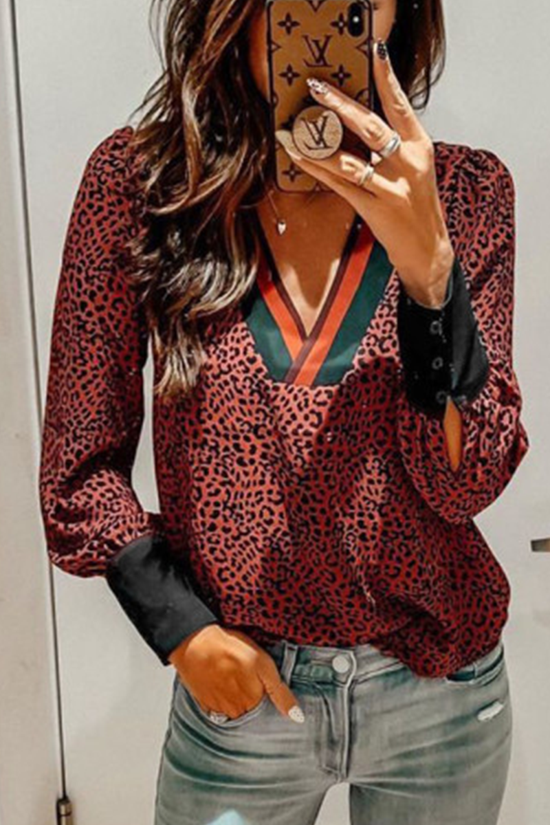 Casual Leopard Split Joint V Neck Tops(3 Colors)