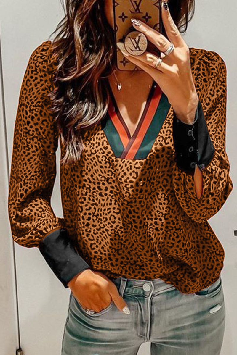 Casual Leopard Split Joint V Neck Tops(3 Colors)