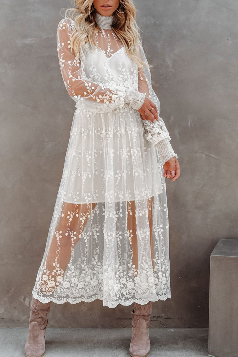 Casual Solid Split Joint Half A Turtleneck Lace Dress Dresses