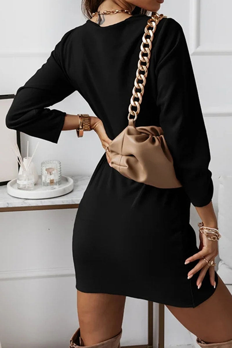 Fashion Elegant Solid Split Joint Fold V Neck Pencil Skirt Dresses