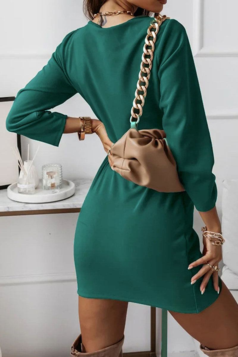 Fashion Elegant Solid Split Joint Fold V Neck Pencil Skirt Dresses