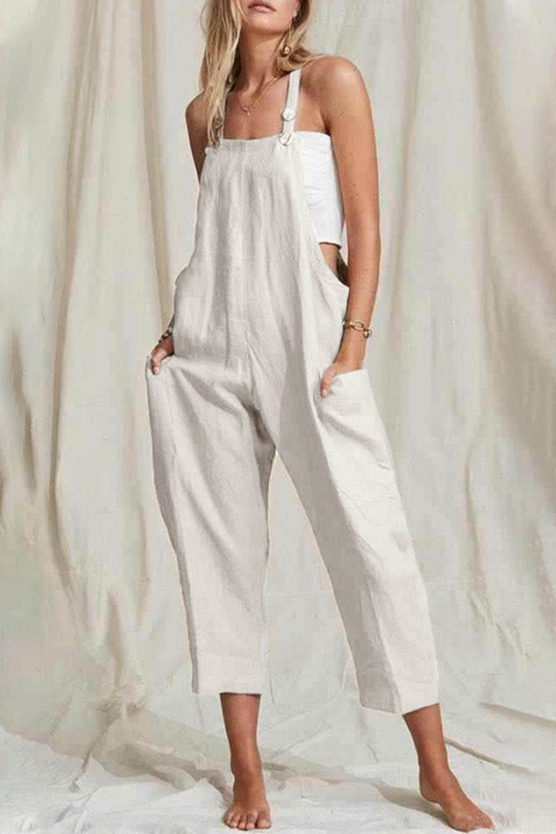 Fashion Simplicity Solid Pocket Spaghetti Strap Loose Jumpsuits