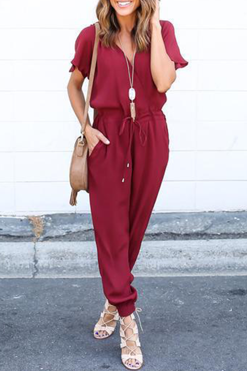 Casual Solid Split Joint V Neck Straight Jumpsuits