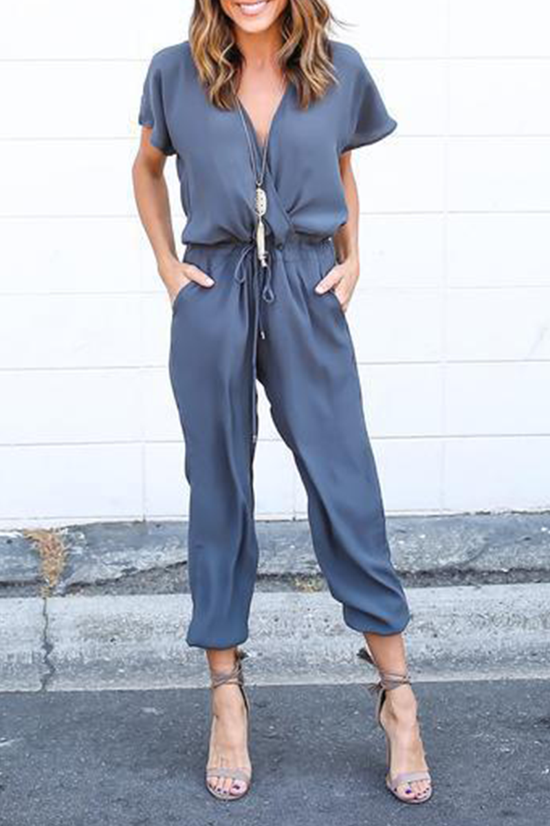 Casual Solid Split Joint V Neck Straight Jumpsuits