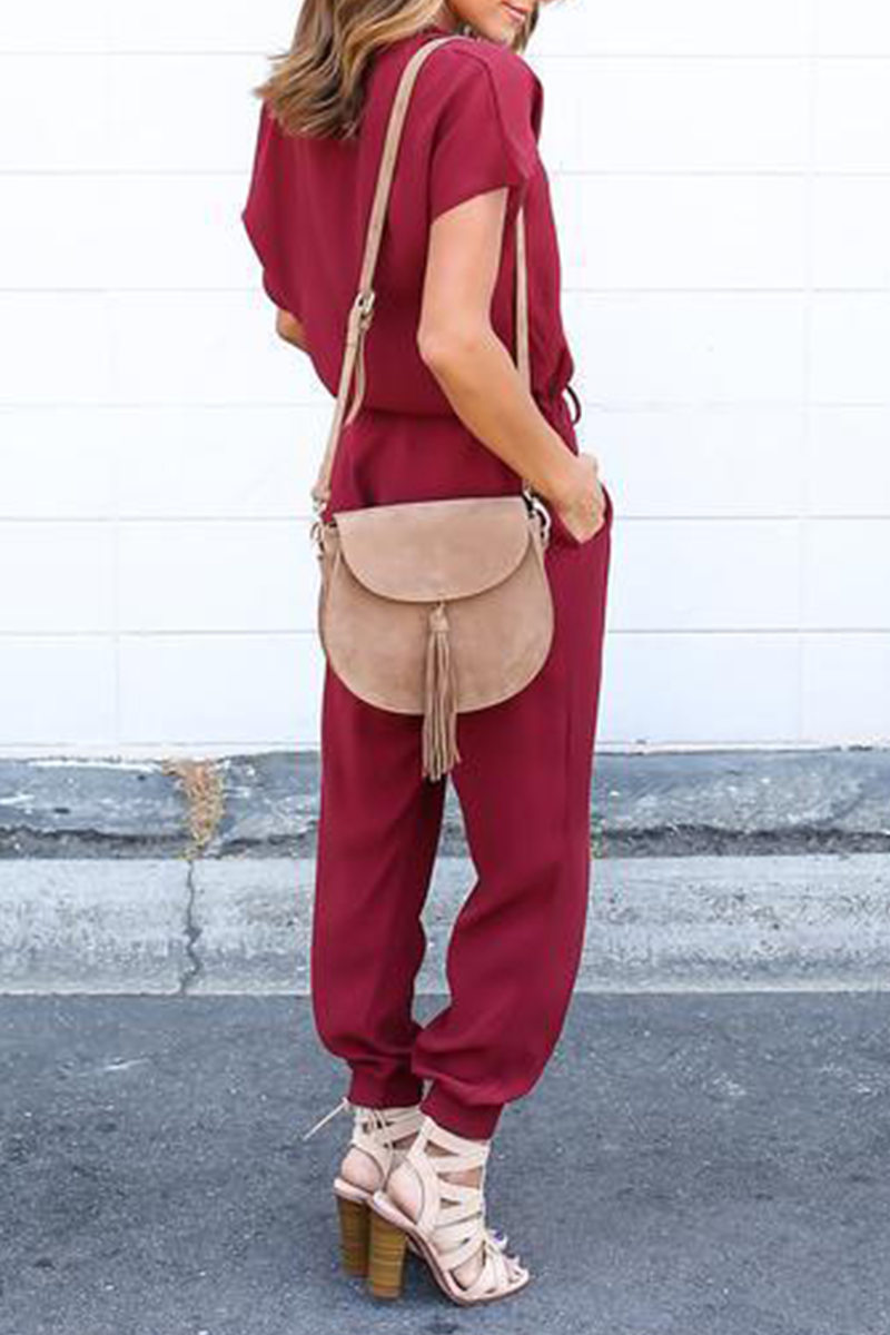 Casual Solid Split Joint V Neck Straight Jumpsuits