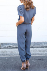 Casual Solid Split Joint V Neck Straight Jumpsuits