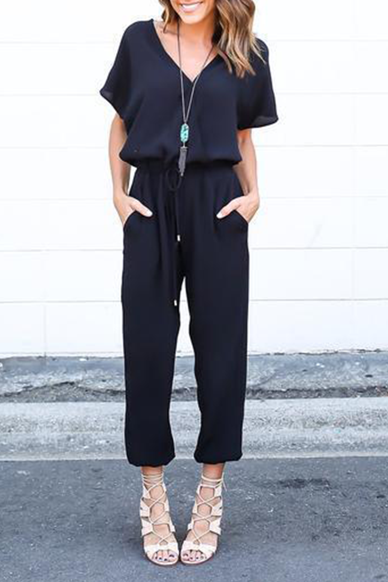 Casual Solid Split Joint V Neck Straight Jumpsuits