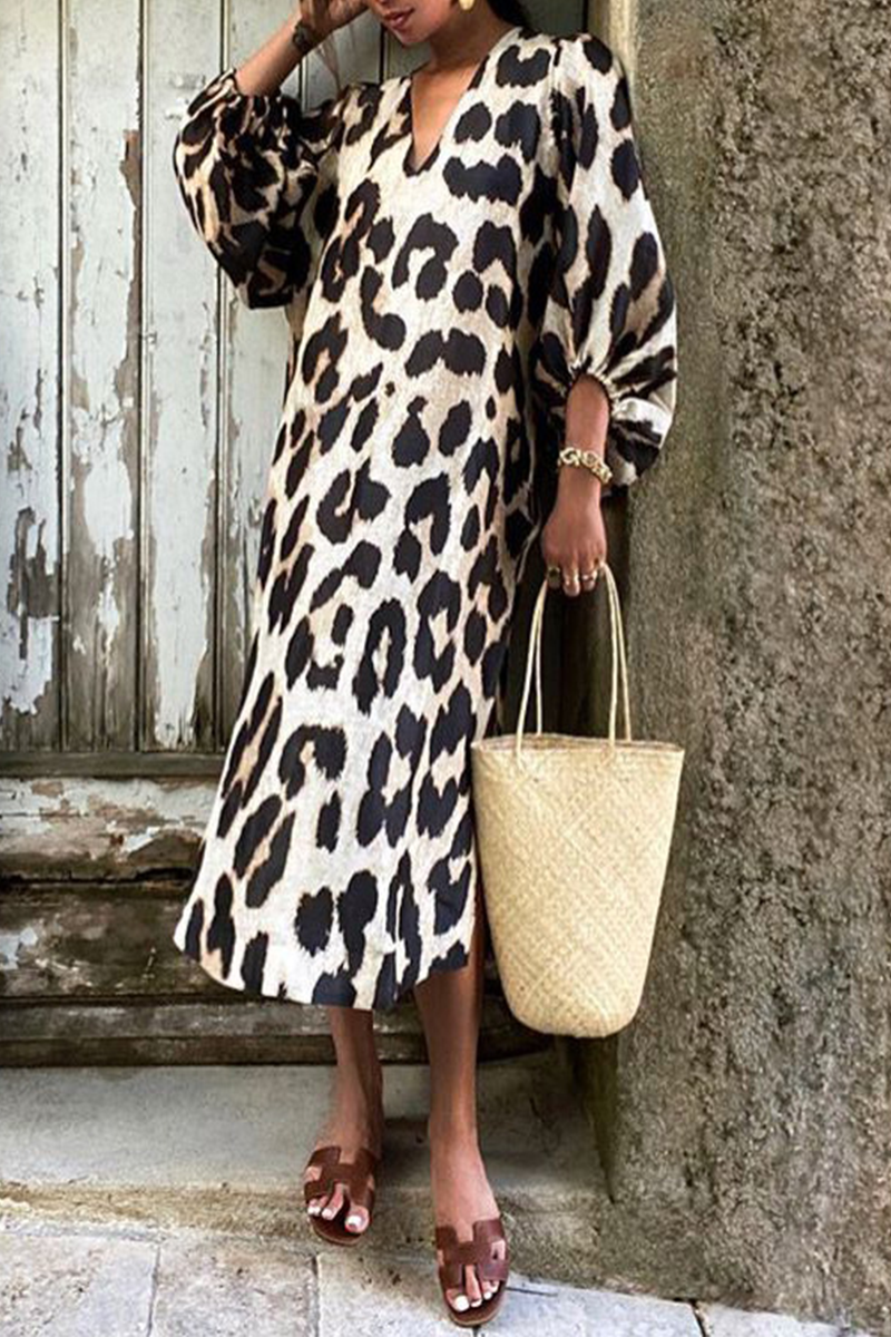 Casual Leopard Patchwork V Neck Straight Dresses