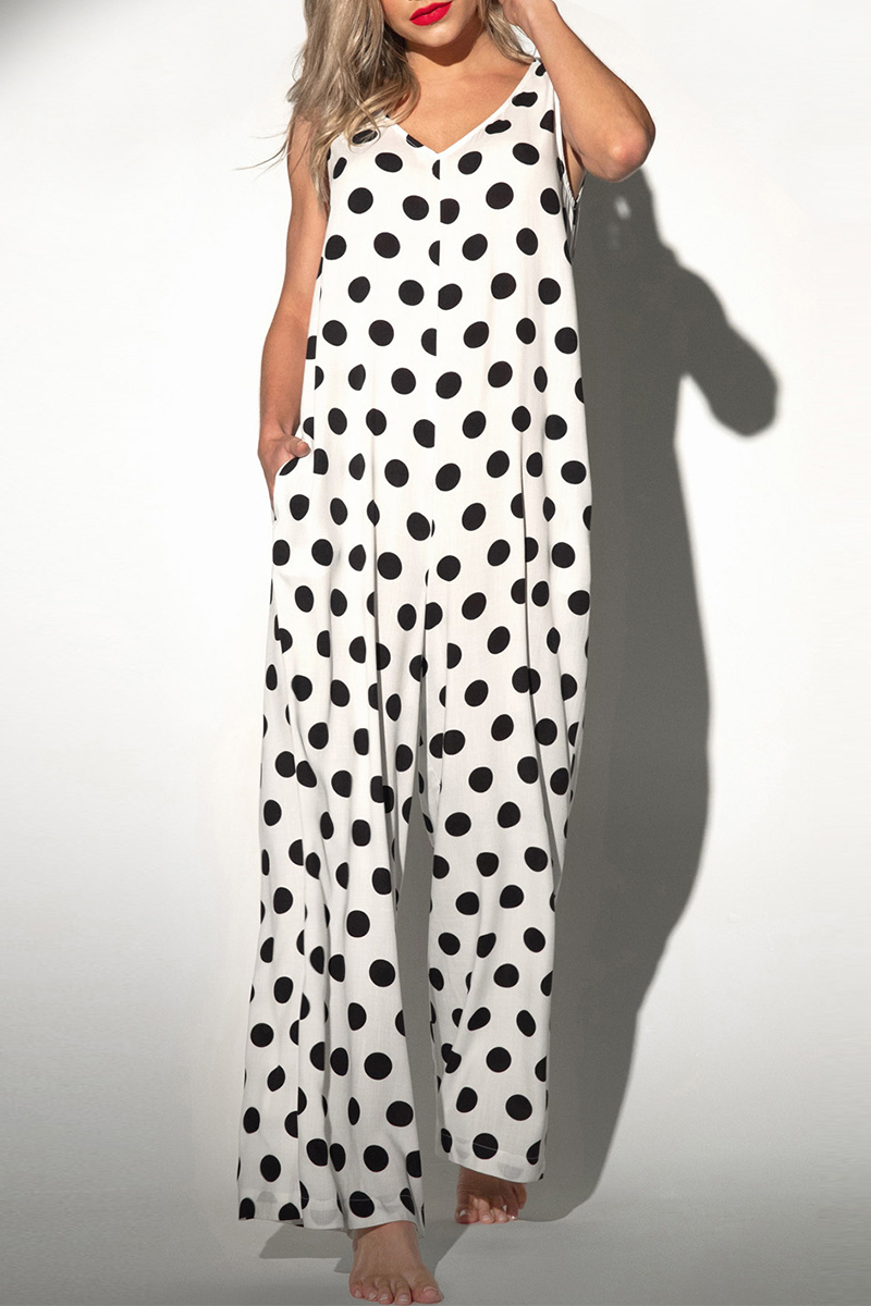 Casual Dot V Neck Straight Jumpsuits(3 Colors)