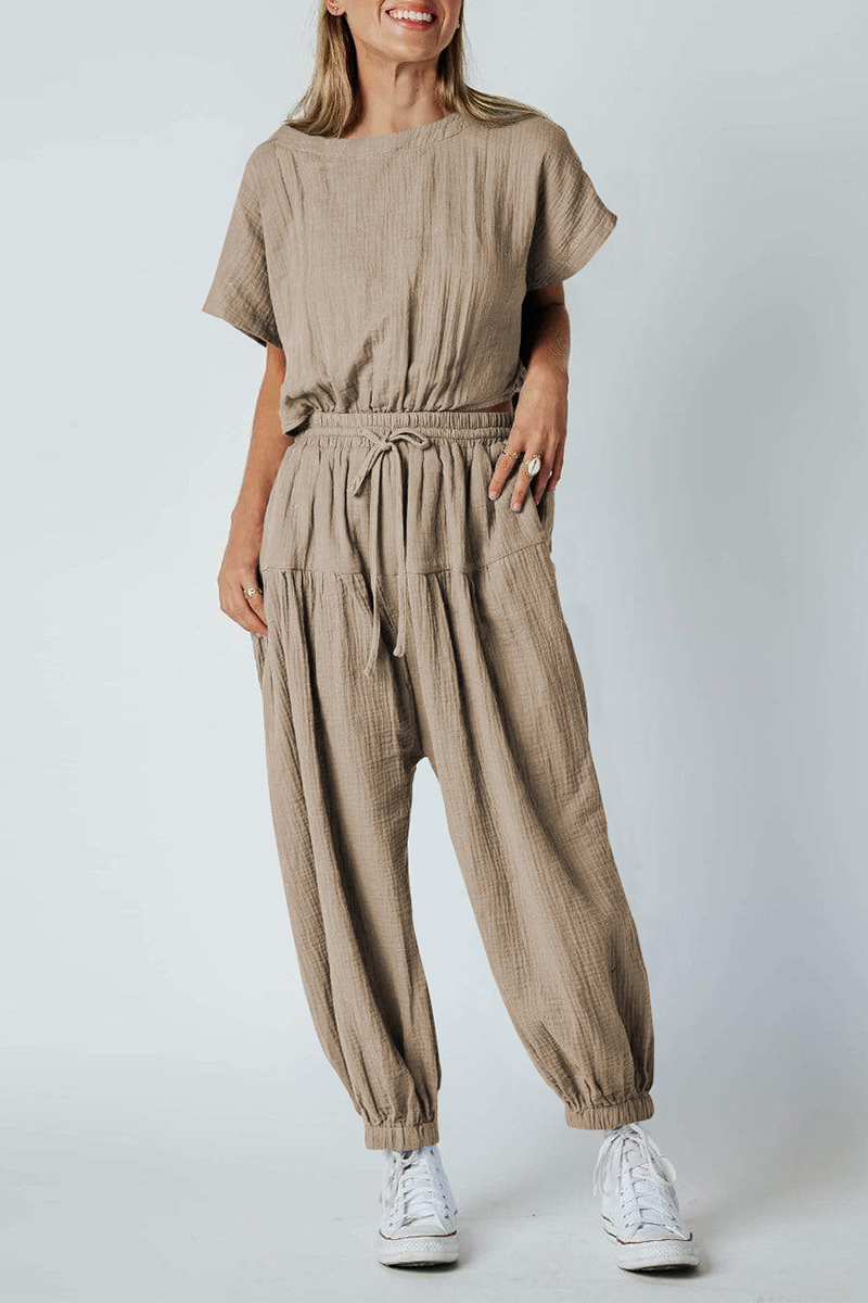 Casual Solid Split Joint O Neck Harlan Jumpsuits