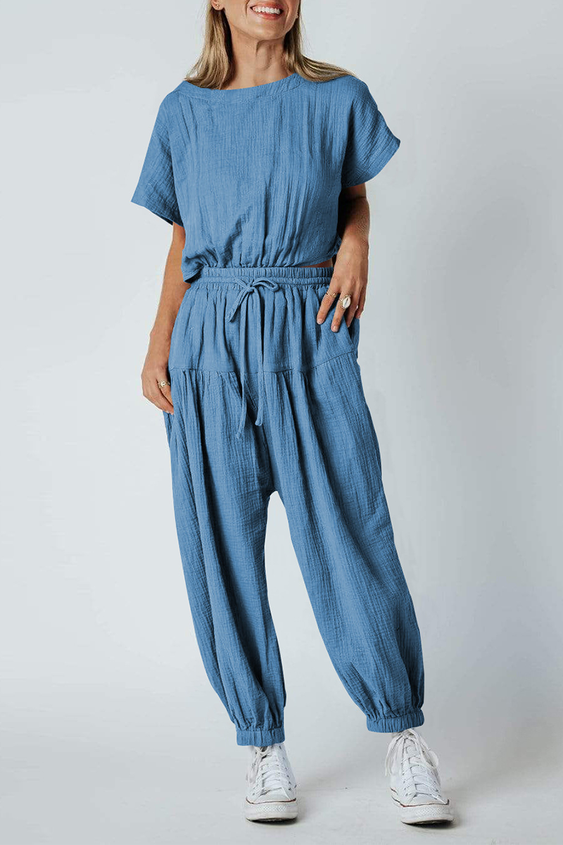 Casual Solid Split Joint O Neck Harlan Jumpsuits