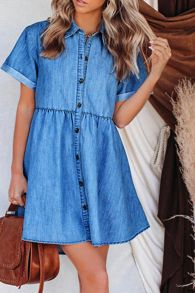 Casual Solid Split Joint Turndown Collar Short Sleeve Straight Denim Dresses