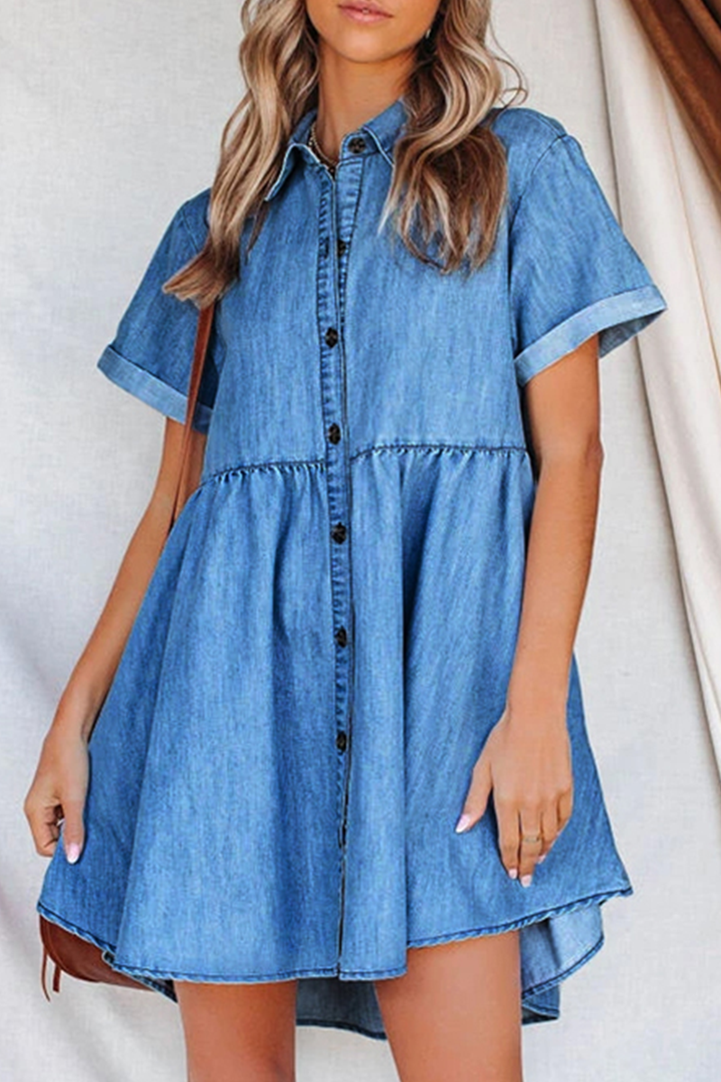 Casual Solid Split Joint Turndown Collar Short Sleeve Straight Denim Dresses