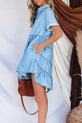 Casual Solid Split Joint Turndown Collar Short Sleeve Straight Denim Dresses