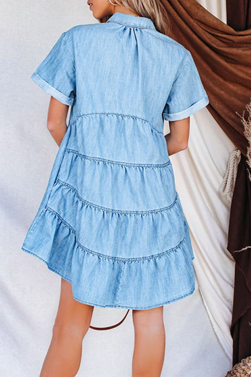 Casual Solid Split Joint Turndown Collar Short Sleeve Straight Denim Dresses