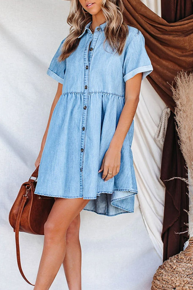 Casual Solid Split Joint Turndown Collar Short Sleeve Straight Denim Dresses