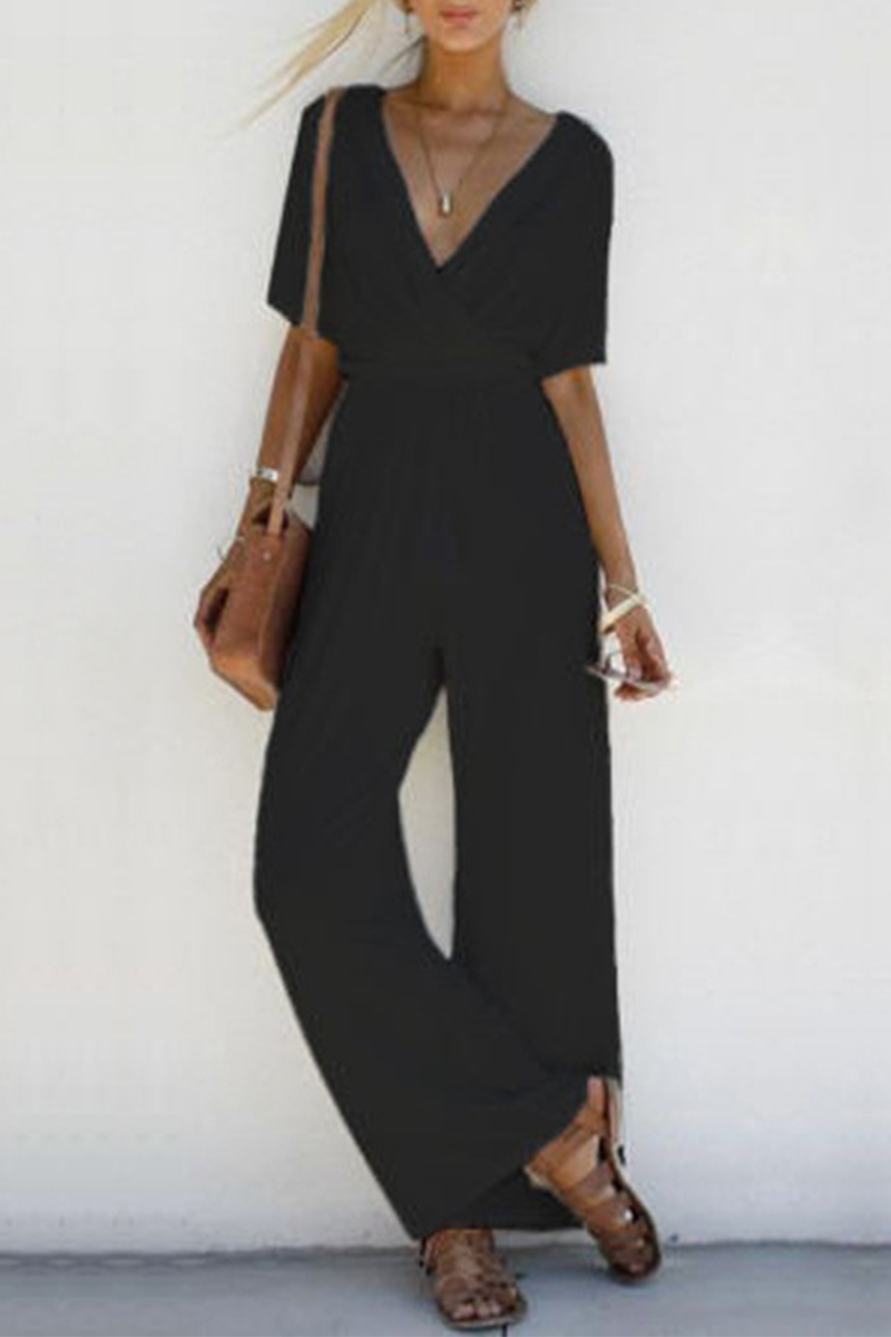 Casual Solid V Neck Straight Jumpsuits(3 Colors)