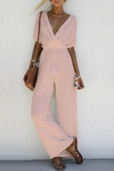 Casual Solid V Neck Straight Jumpsuits(3 Colors)