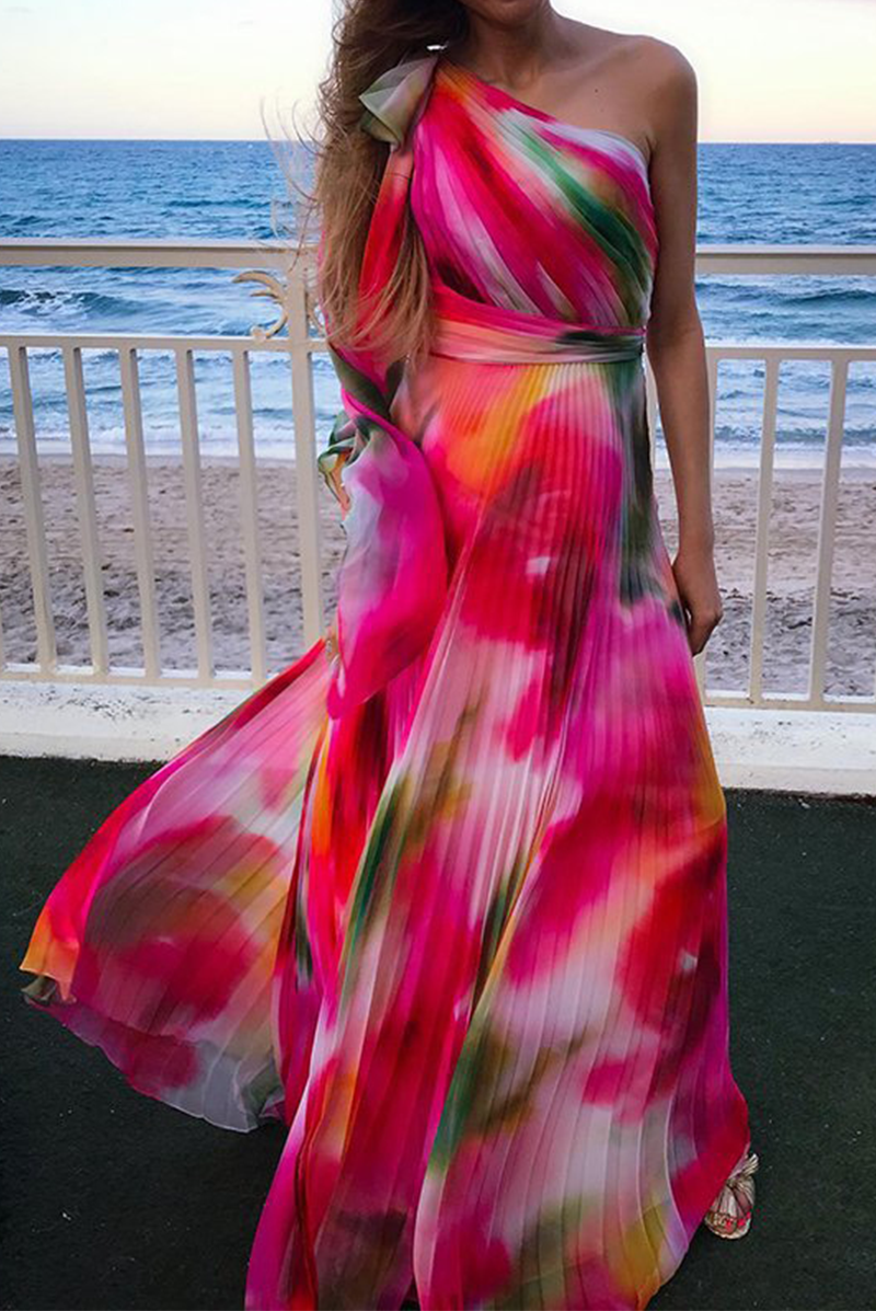 Fashion Patchwork Tie-dye One-Shoulder Waist Skirt Dresses