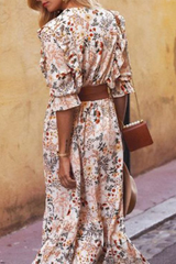 Casual Print V Neck Waist Skirt Dresses