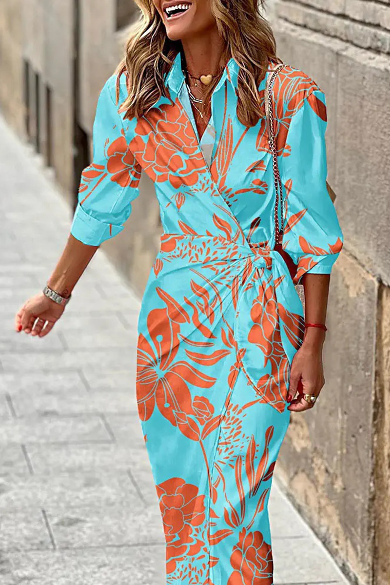 Fashion Print Patchwork Turndown Collar Shirt Dress Dresses(9 Colors)