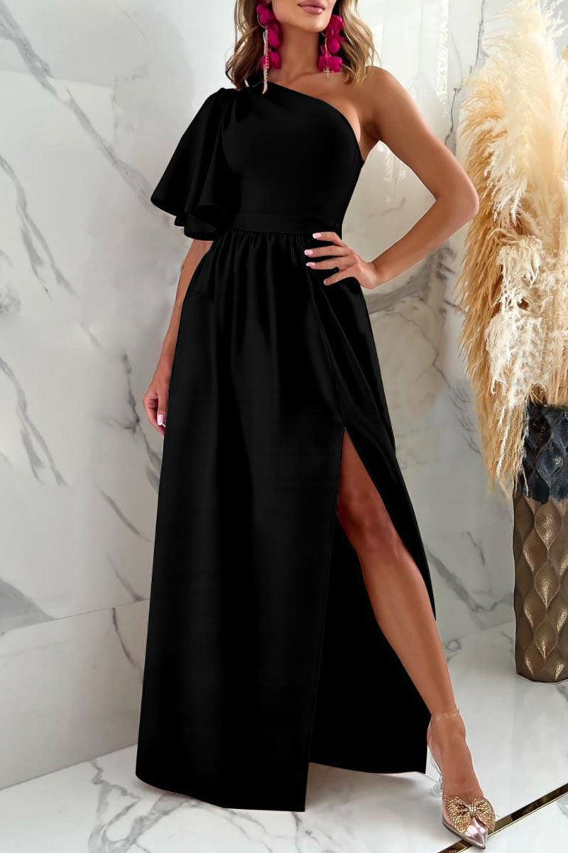 Sexy Elegant Solid Patchwork Slit Oblique Collar Straight Dresses(5 Colors)