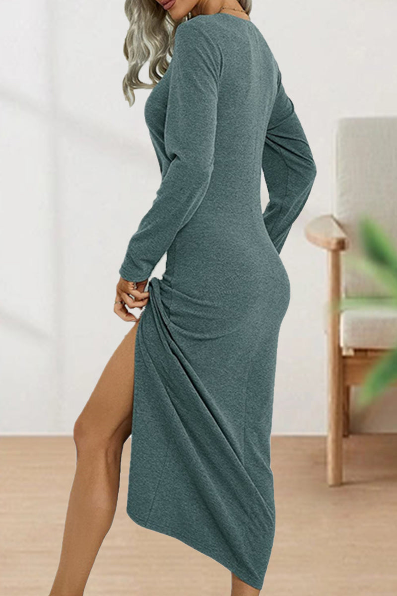 Sweet Elegant Solid Fold O Neck Sheath Dresses(6 Colors)