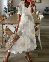 Bohemian V-Neck Print Drawstring Short Sleeve Midi Dress