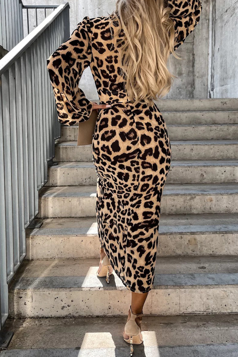 Sexy Celebrities Animal Print Solid Color V Neck Wrapped Skirt Dresses