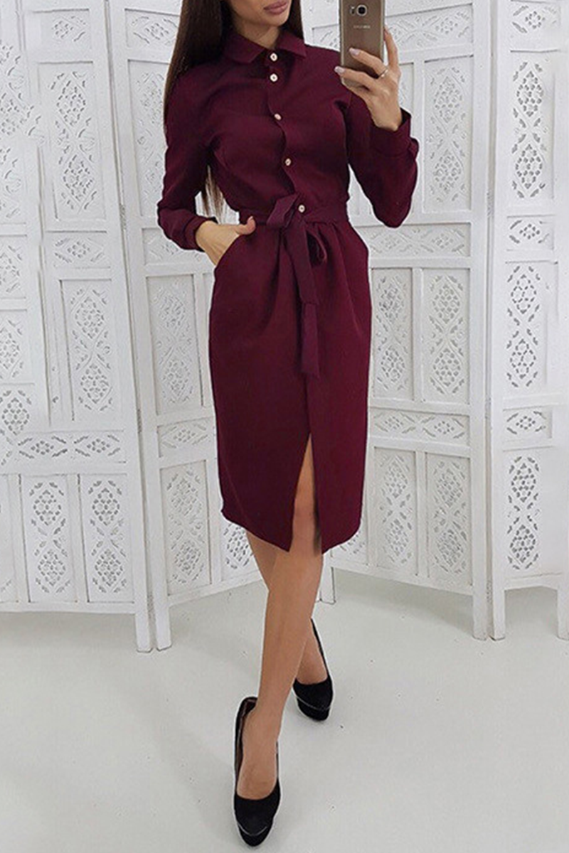 Casual Solid Bandage Turndown Collar Shirt Dress Dresses