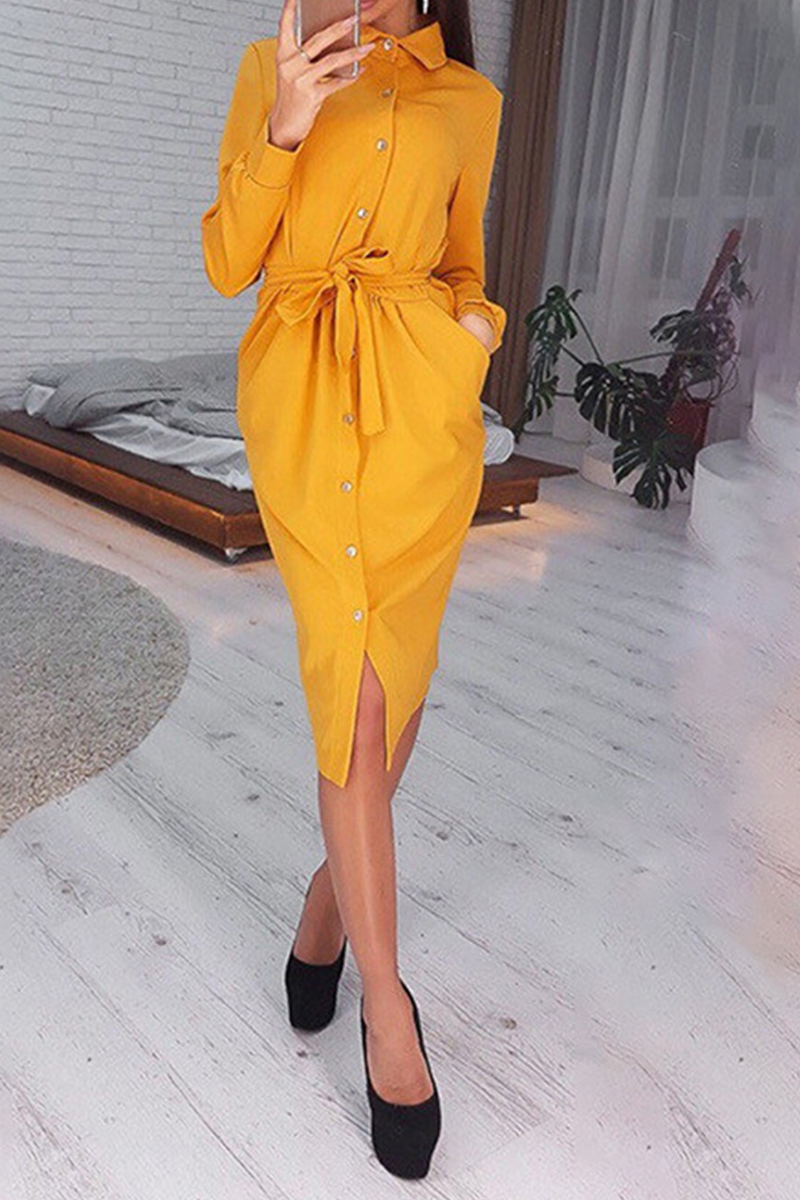 Casual Solid Bandage Turndown Collar Shirt Dress Dresses