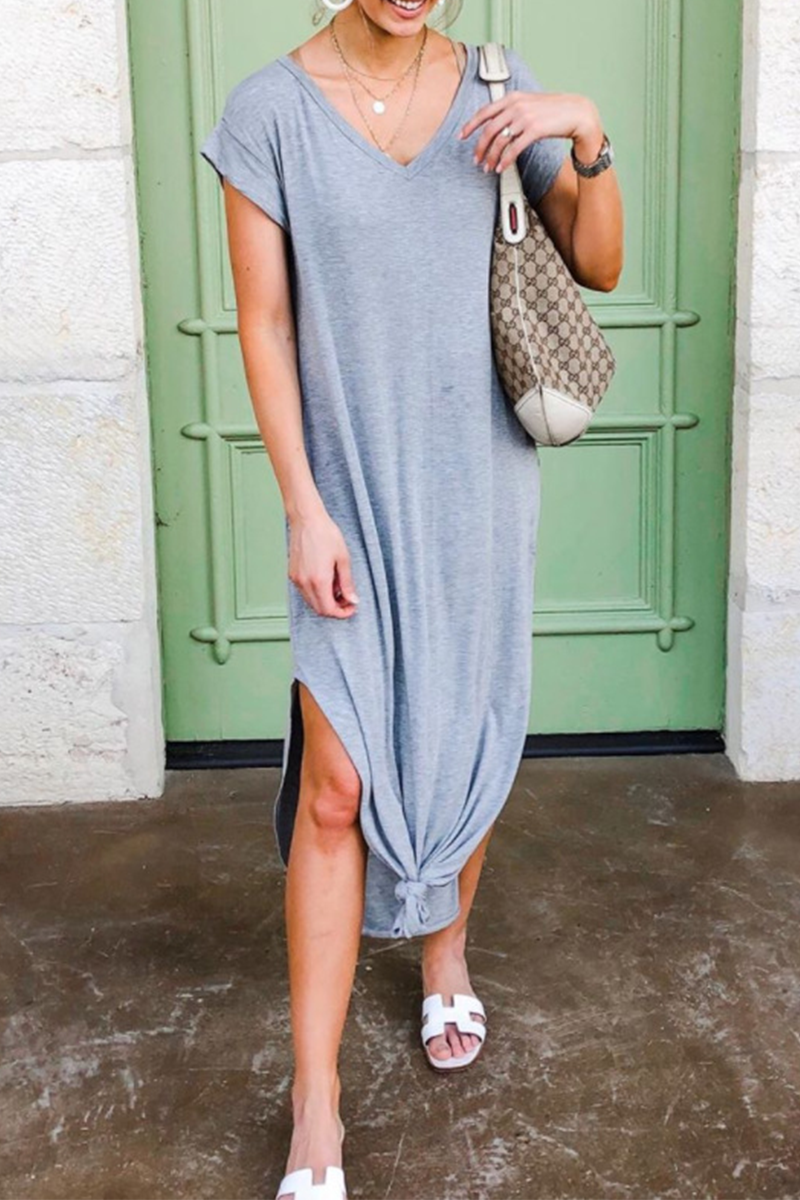 Casual Solid Patchwork V Neck Straight Dresses