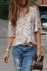 Casual Street Solid Sequins O Neck T-Shirts