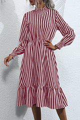 Sweet Elegant Striped Printing Stringy Selvedge Turtleneck A Line Dresses(4 Colors)