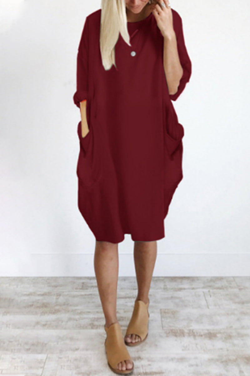 Casual Solid Solid Color O Neck Long Sleeve Dresses(11 Colors)