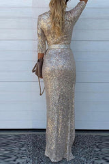 Casual Solid Sequins V Neck A Line Dresses