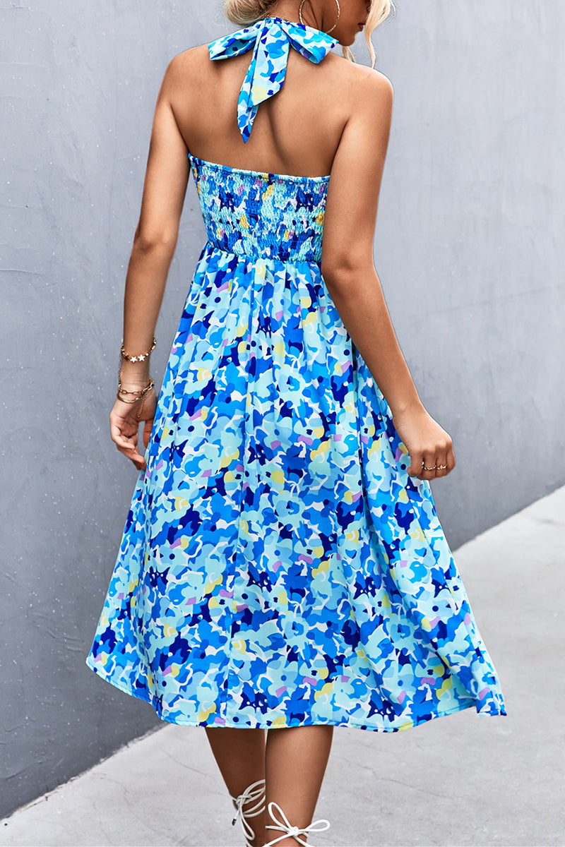 Sweet Print Frenulum Printing Halter A Line Dresses